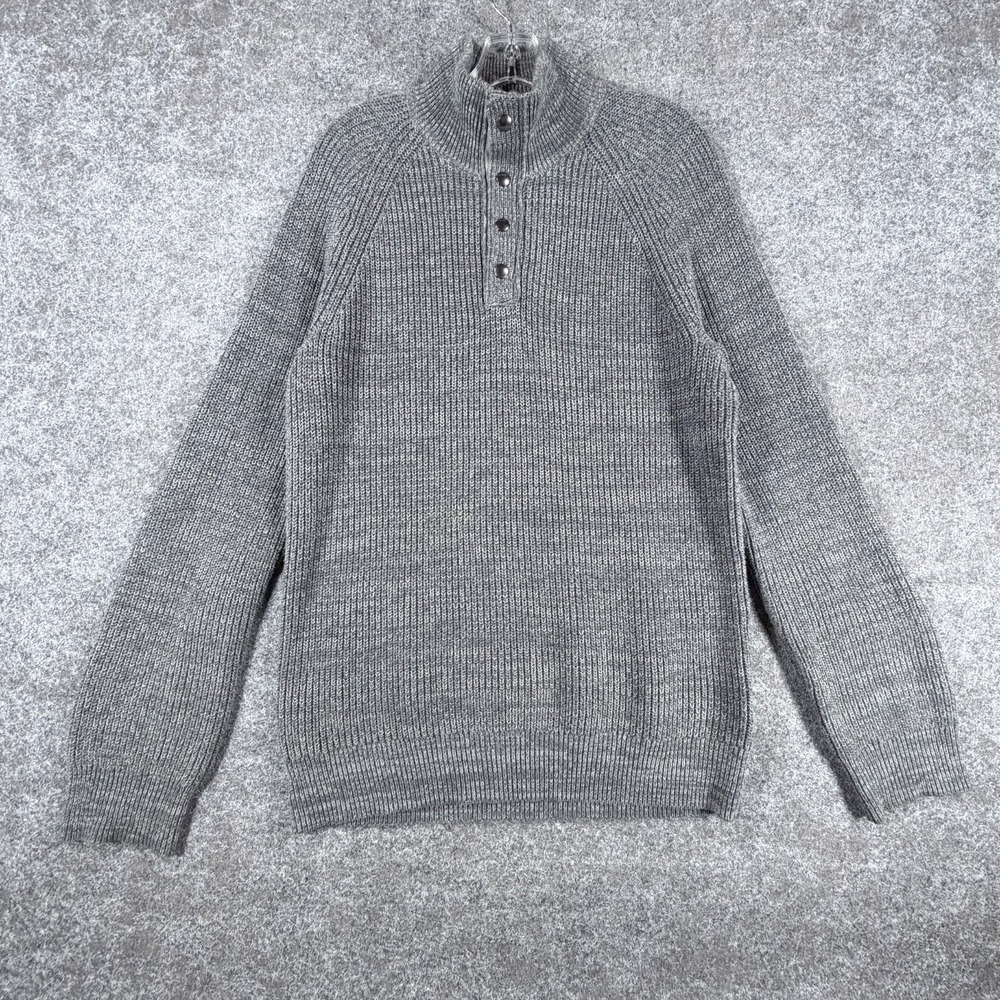 Banana Republic Sweater Mens Medium Heathered Gray Cotton Tight Knit Ribbed Snap